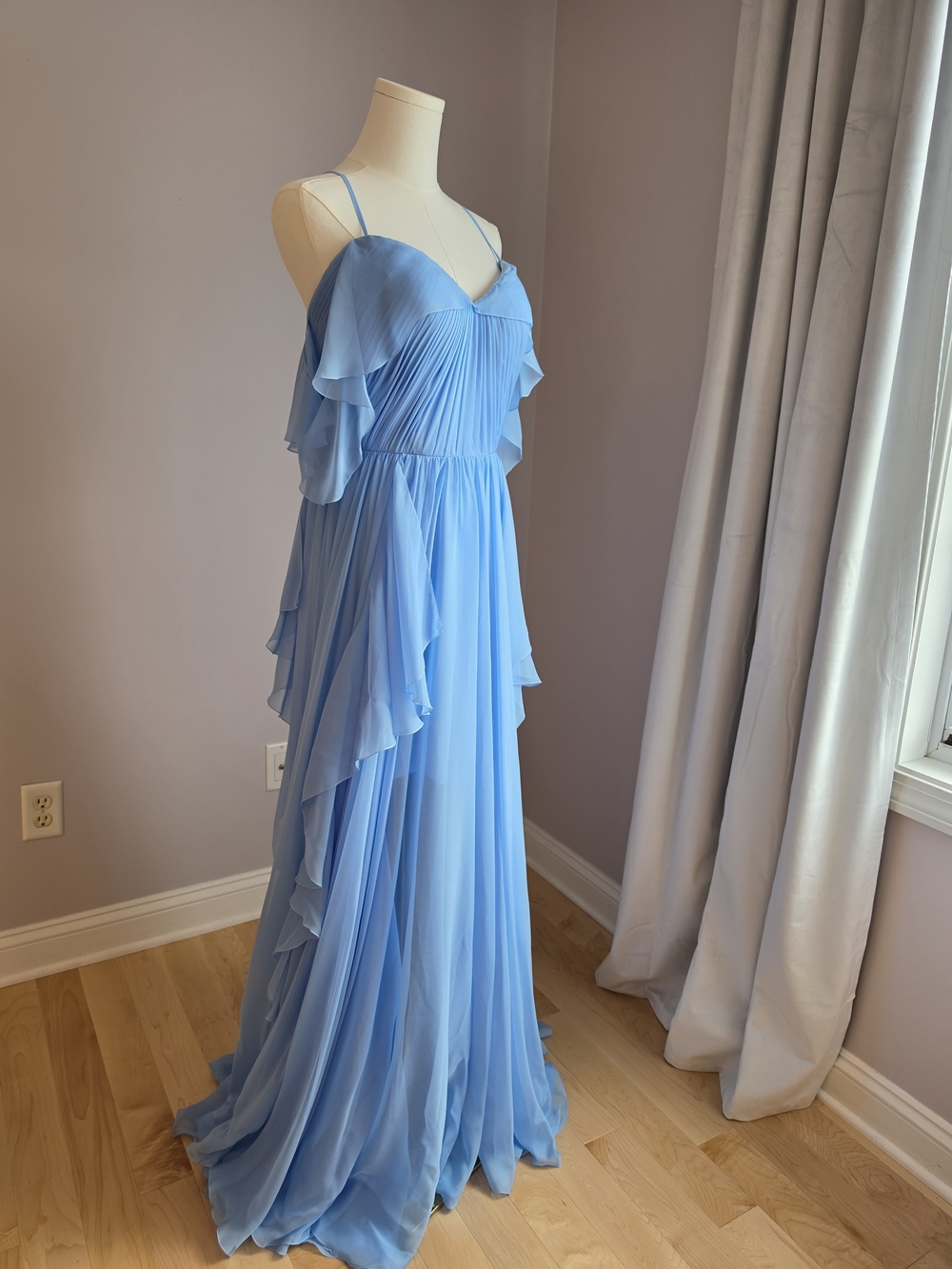 Flowing Light Blue Chiffon Maxi Dress with Ruffle Details